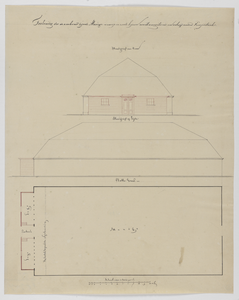 214956 Opstanden en plattegrond van de manege voor de Veldartillerie aan de Wijde Doelen te Utrecht.